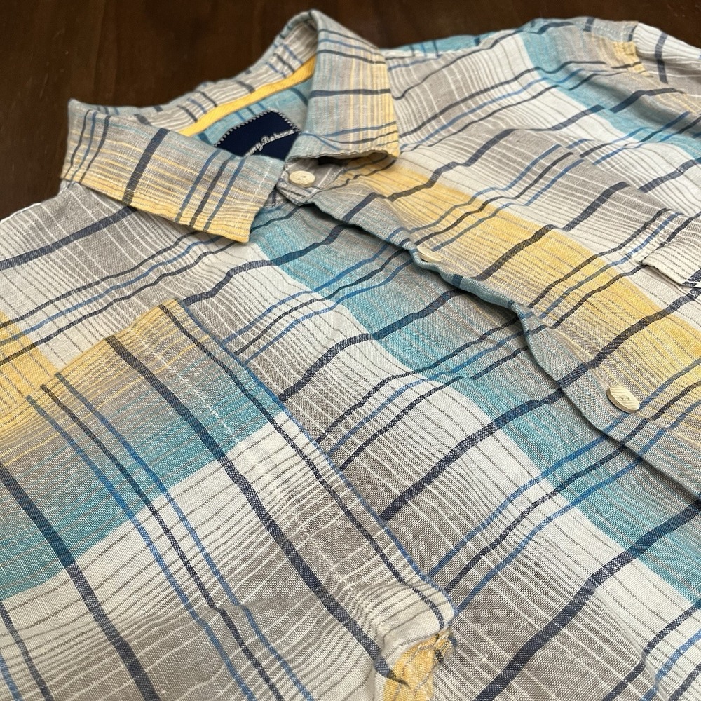 Tommy Bahama Mens Shirt XL Blue White Stripe Plaid Linen Button Resort Coastal